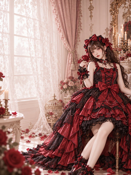 Gothic Lolita mobile homepage slide with red and black dress in a soft romantic rose interior