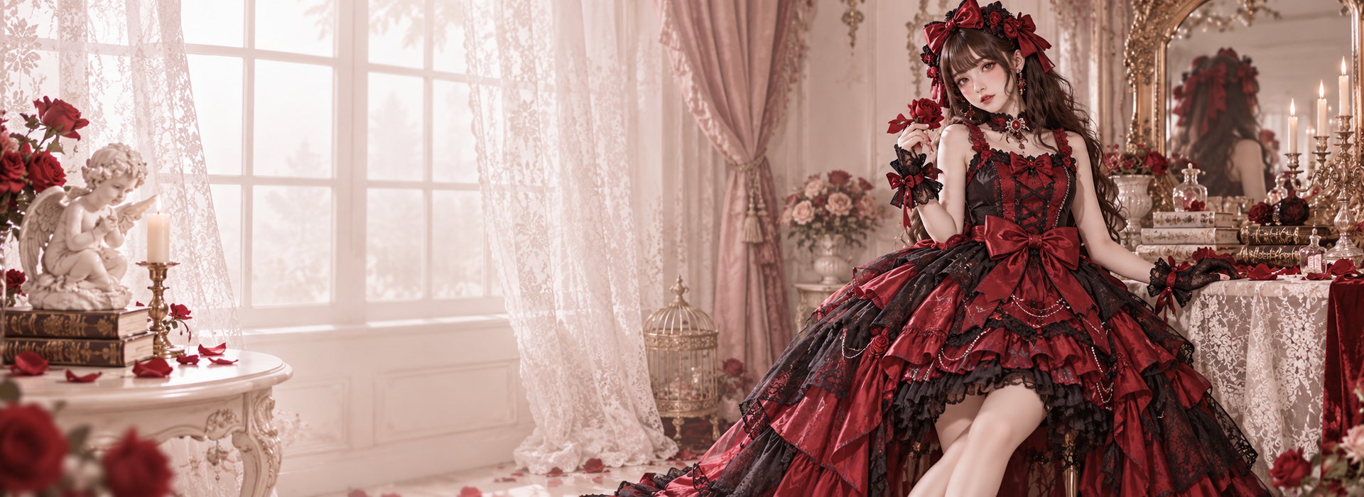 Gothic Lolita homepage slide with red and black dress and light cream text area