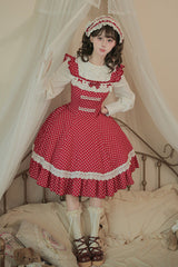 Red [Showa Memoir] Polka Dots Printed Ruffled Bow Sweet Lolita Dress - Product - 14