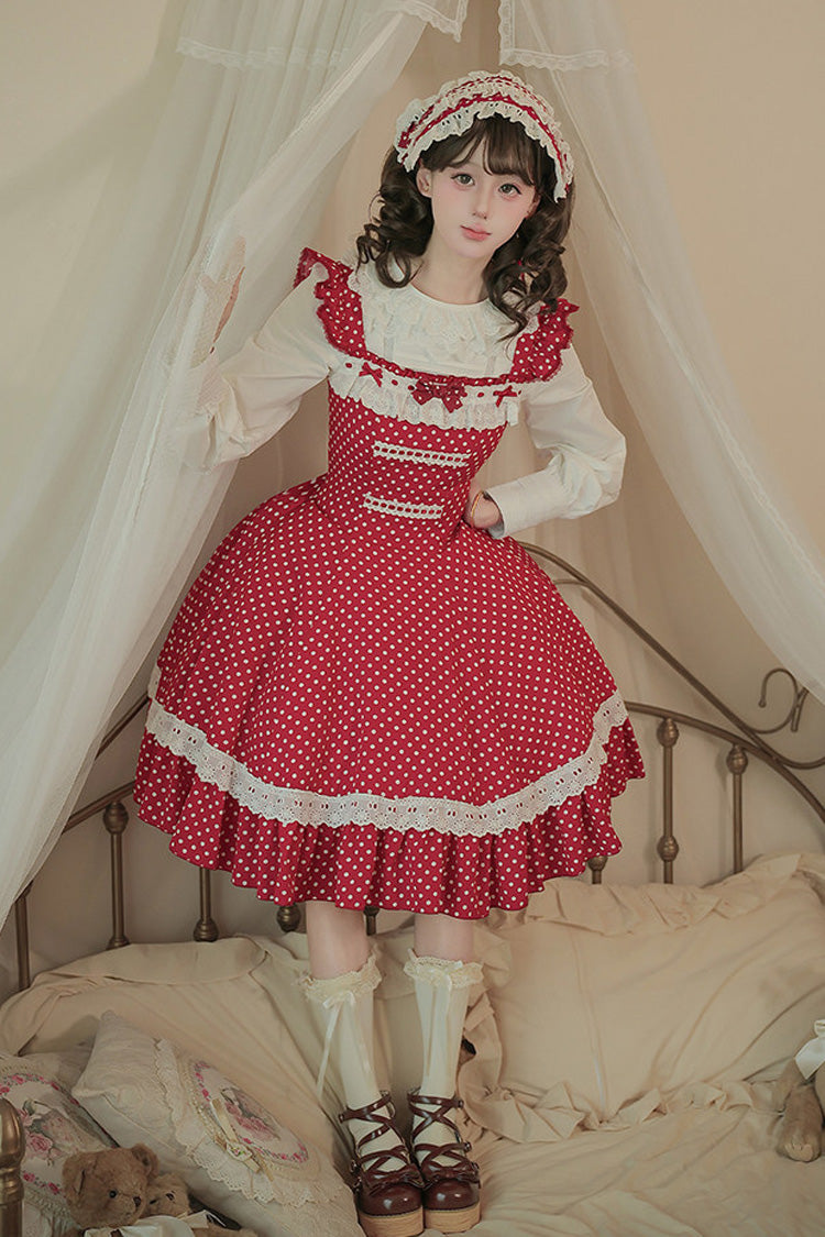 Red [Showa Memoir] Polka Dots Printed Ruffled Bow Sweet Lolita Dress - Product - 14