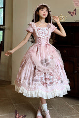 Pink Rabbit Print Square Collar Short Sleeves Ruffle Bowknot Lace Sweet Lolita Dress - Product - 7