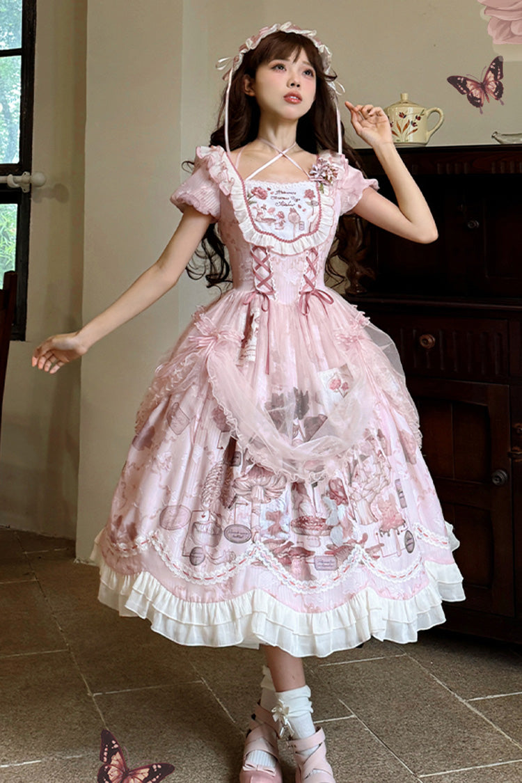 Pink Rabbit Print Square Collar Short Sleeves Ruffle Bowknot Lace Sweet Lolita Dress - Product - 7