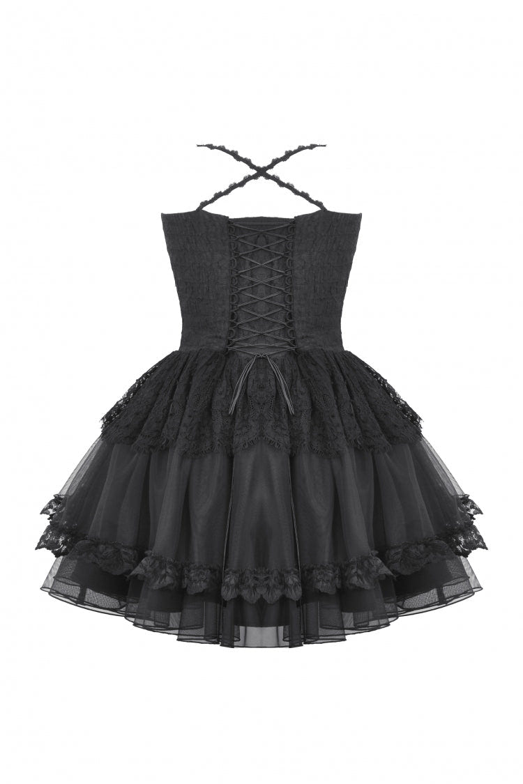 Black V Collar Sleeveless Multi-Layered Lace Trim Lace-Up Women's Gothic Party Slip Graduation Dress - Product - 12