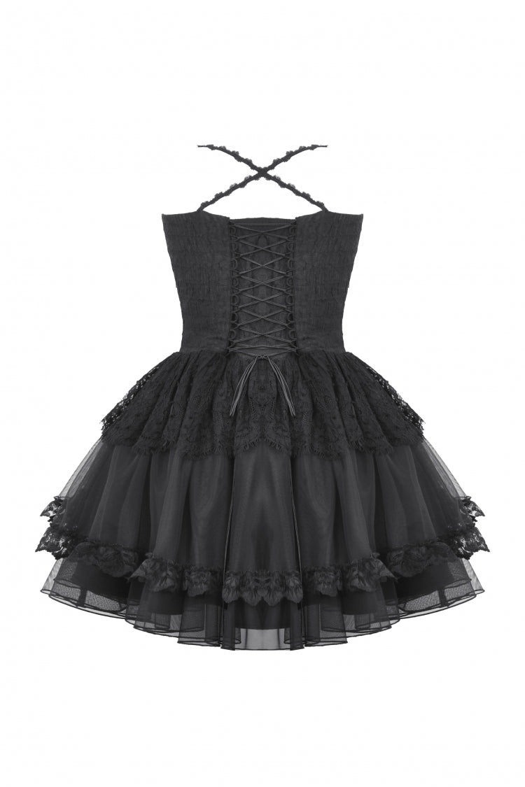Black V Collar Sleeveless Multi-Layered Lace Trim Lace-Up Women's Gothic Party Slip Graduation Dress - Product - 12