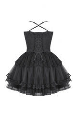 Black V Collar Sleeveless Multi-Layered Lace Trim Lace-Up Women's Gothic Party Slip Graduation Dress - Product - 12