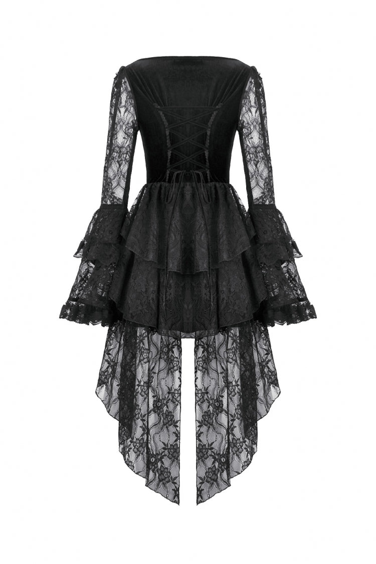 Black Trumpet Sleeves Multi-Layered Lace Velvet Embroidered Lace-Up Women's Gothic Dress - Product - 11