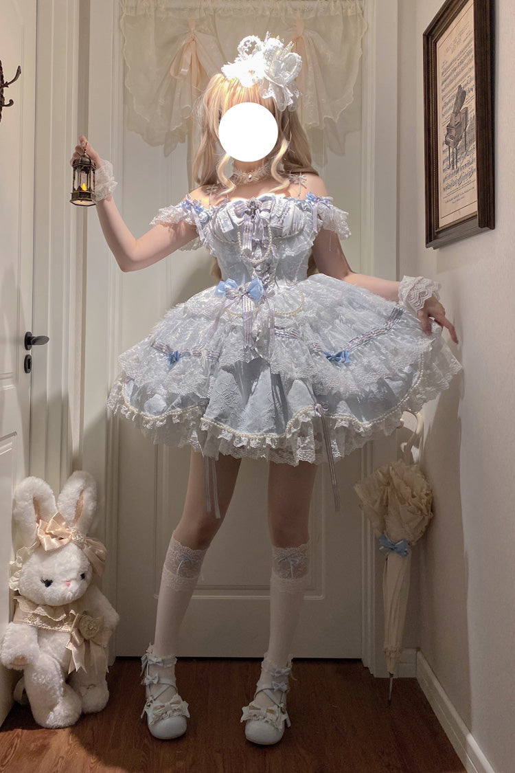 Blue [Anna’s Ball] Square Collar Ruffled Hanayome Bow Lace Sweet Princess Ballet Lolita Jsk Dress - Product - 2