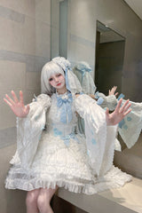 White Detachable Long Trumpet Sleeves Triple-Layered Ruffle Hanayome Bowknot Lace Sweet Lolita Dress - Product - 6