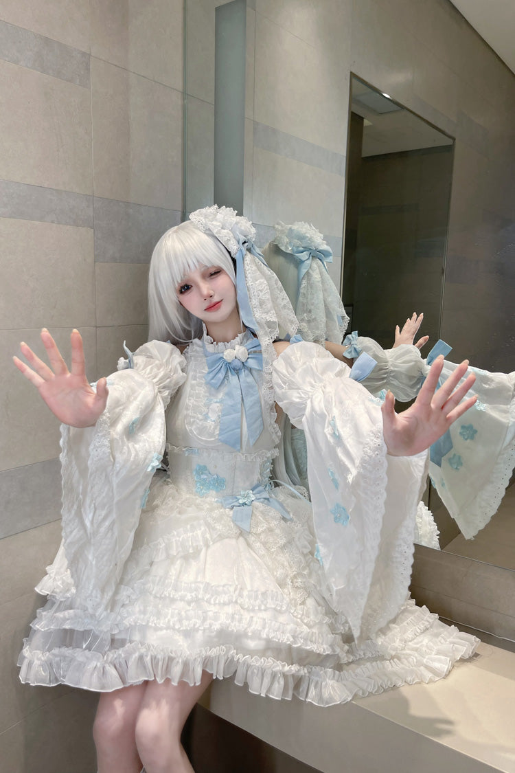 White Detachable Long Trumpet Sleeves Triple-Layered Ruffle Hanayome Bowknot Lace Sweet Lolita Dress - Product - 6