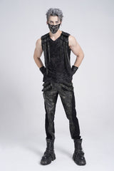 Black Sleeveless Eyelet Strap Distressed Men's Gothic Vest - Product - 11