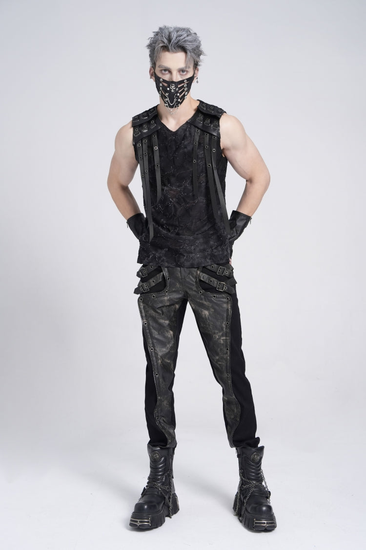 Black Sleeveless Eyelet Strap Distressed Men's Gothic Vest - Product - 11