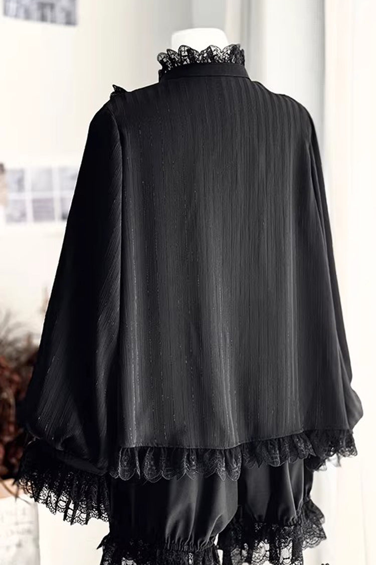 Black Stand Collar Long Short Sleeves Printed Ruffled Lace Gothic Ouji Lolita Set 2 Versions - Product - 18