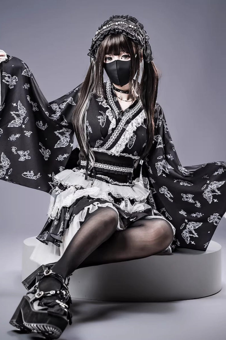 Jirai Kei Long Sleeves Printed Ruffled Lace Studded Gothic Japanese Top and Skirt Set 3 Colors - Product - 2