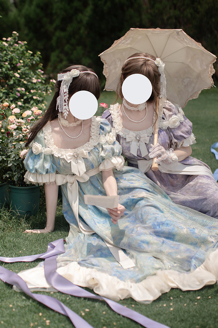 Purple [Oil Painting Sun and Moon Poem] Short Sleeves Print Ruffle Bowknot Sweet Princess Lolita Dress - Product - 4