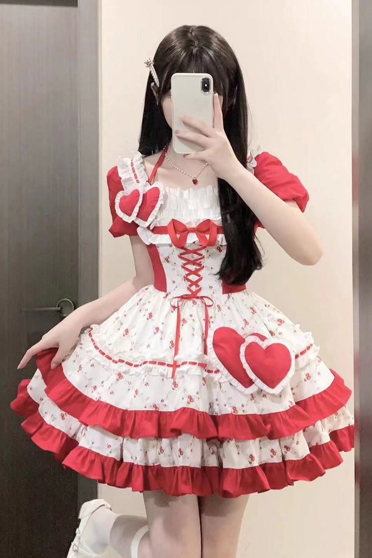 Red Double-Layered Floral Print Ruffle Bowknot Sweet Lolita Dress - Product - 6