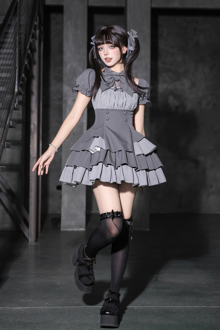 Black Square Collar Off Shoulder Short Sleeves Triple-Layered Bow Vintage Cool Lolita Dress - Grey - 14