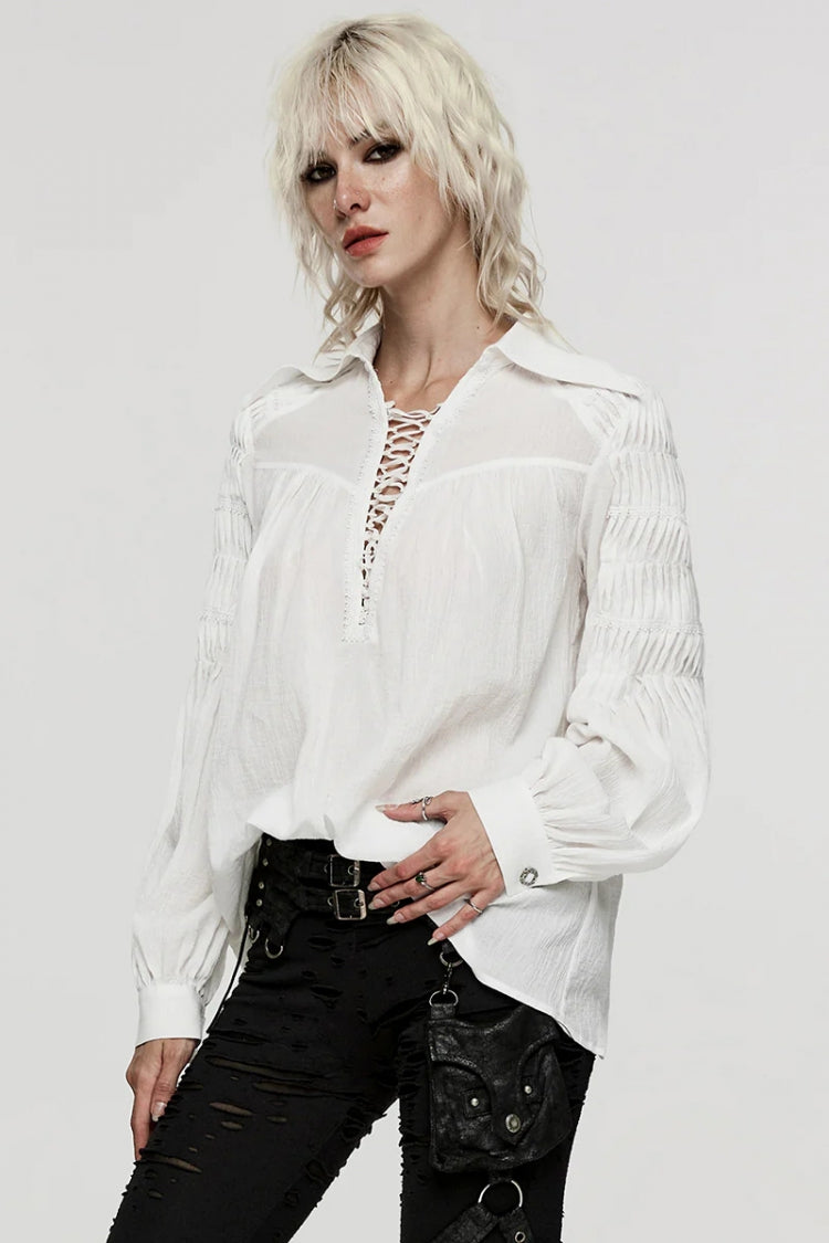Women's Turn-down Collar Long Sleeves Lace Ruched Gothic Blouse 2 Colors - Product - 3