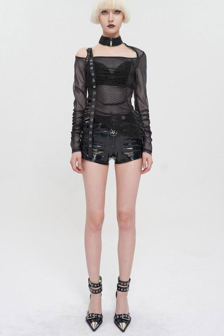Black Long Sleeve Neck Zipper Asymmetric One Shoulder Strap Mesh Women's Punk T-Shirt - Product - 7