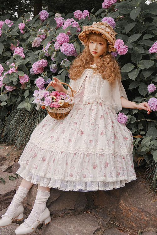 Pink Elegant Vintage Rose Print Multi-Layer Ruffled Sweet Lolita JSK Dress - Product - 5