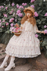Pink Elegant Vintage Rose Print Multi-Layer Ruffled Sweet Lolita JSK Dress - Product - 5