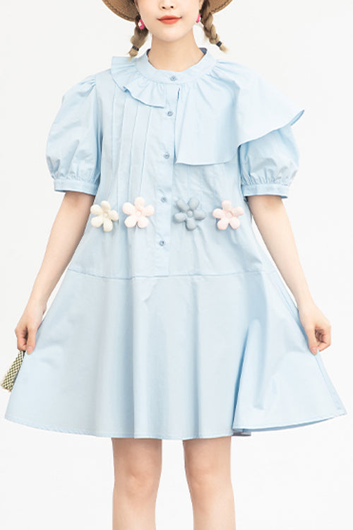Blue Irregular Ruffled Round Collar Bubble Short Sleeves Waist With Flower Accessories High Waisted Sweet Lolita Dress - Blue - 1