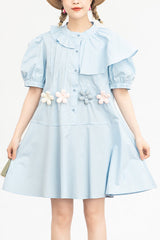 Blue Irregular Ruffled Round Collar Bubble Short Sleeves Waist With Flower Accessories High Waisted Sweet Lolita Dress - Blue - 1