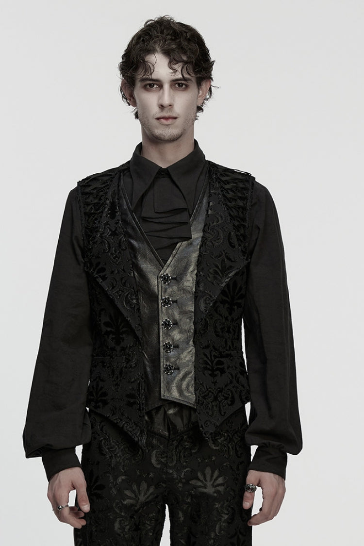 Black Long Sleeves V Collar Floral Embroidery Men's Gothic Vest - Black - 1
