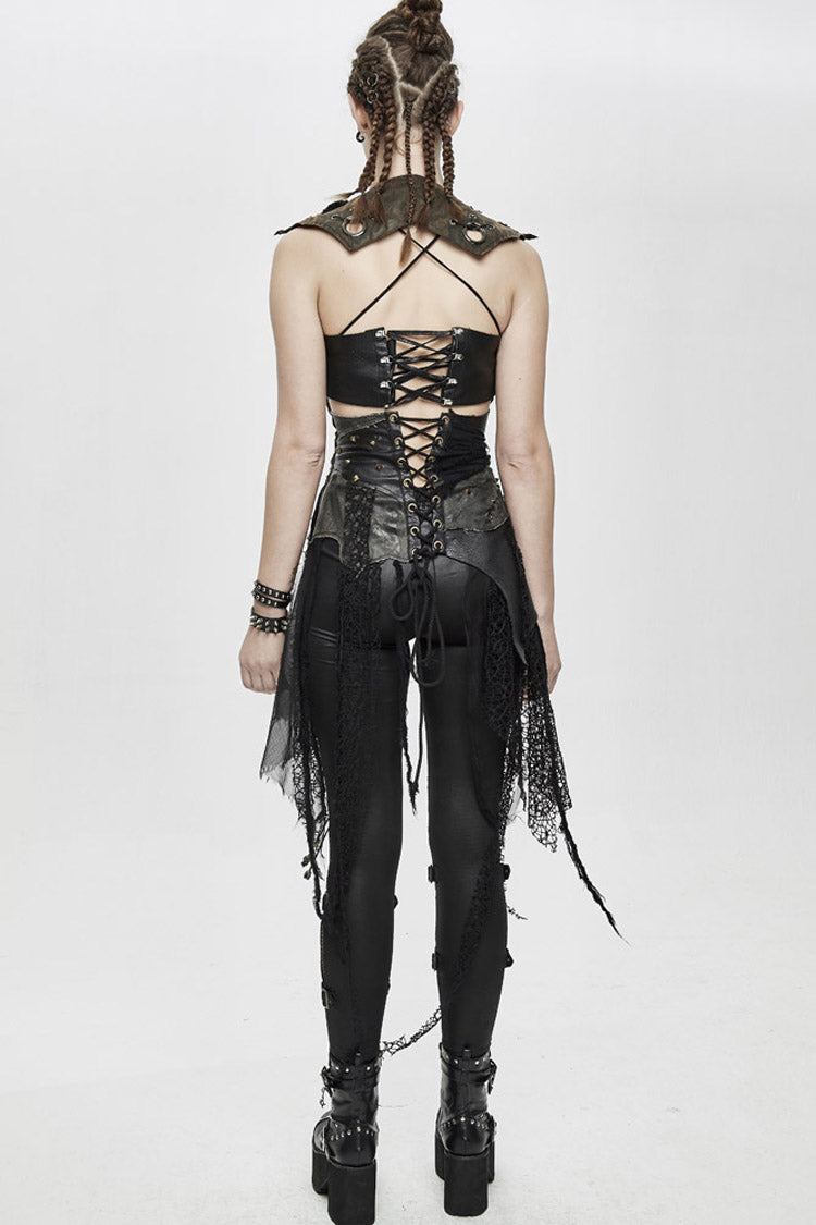 Black Vintage Leather Patchwork Distressed Belted Irregularly Lace Hem Women's Punk Half Skirt - Product - 8