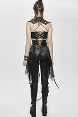Black Vintage Leather Patchwork Distressed Belted Irregularly Lace Hem Women's Punk Half Skirt - Product - 8