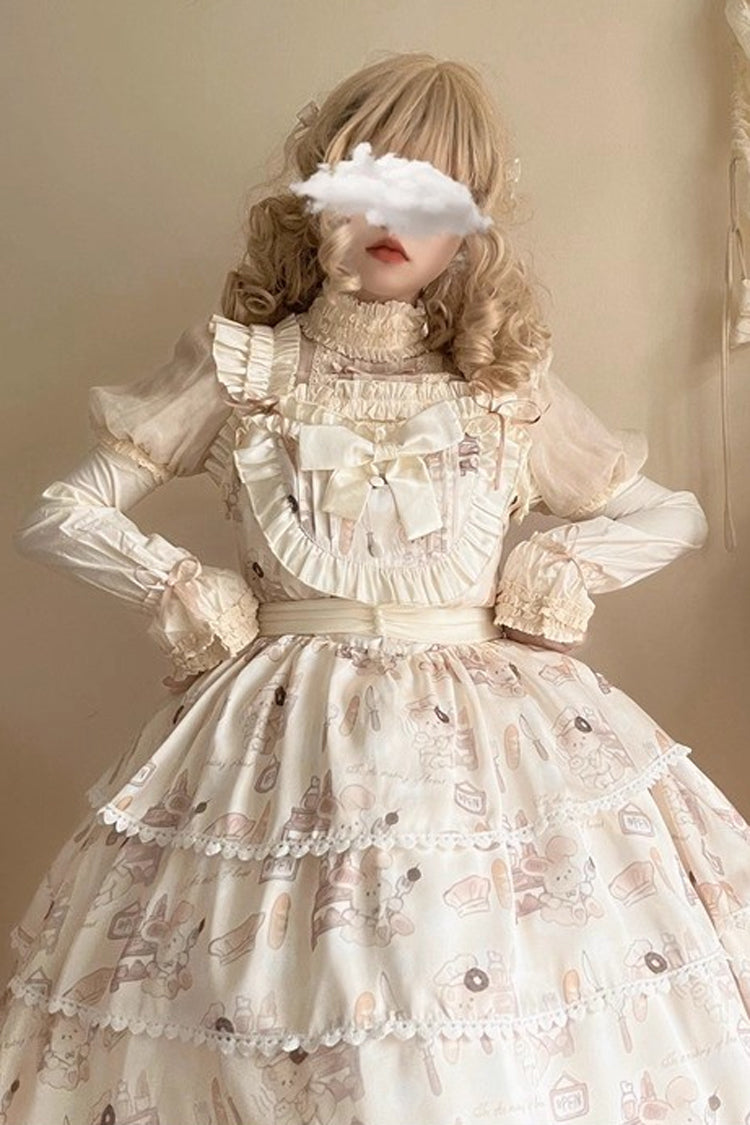 Beige Sleeveless Triple-Layered Print Ruffle Bowknot Sweet Plus Size Lolita Jsk Dress - Product - 9