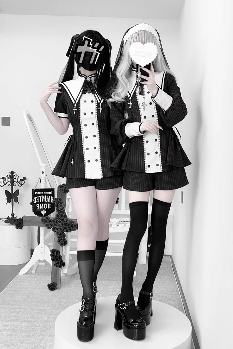 Black/White [Offbeat Confession] Long Short Sleeves Printed Ruffled Bow Gothic Jirai Kei Japanese Dress and Shorts Set - Product - 7