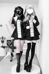 Black/White [Offbeat Confession] Long Short Sleeves Printed Ruffled Bow Gothic Jirai Kei Japanese Dress and Shorts Set - Product - 7