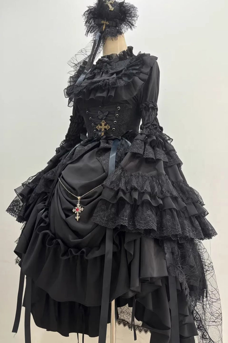 Black [Eternal Taboo] Long Hime Sleeves Ruffled Bow Gothic Lolita Skirt Dress Set - Product - 3