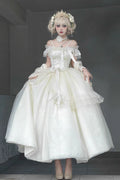 Apricot Bright Stars Off Shoulder Ruffle Bowknot Asymmetric Sweet Elegant Princess (Set) front view