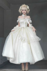 Apricot Bright Stars Off Shoulder Ruffle Bowknot Asymmetric Sweet Elegant Princess (Set) front view