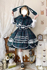 Green [Gingham Petal Bunny] Printed Ruffled Bow Sweet Lolita Jsk Dress - Product - 5
