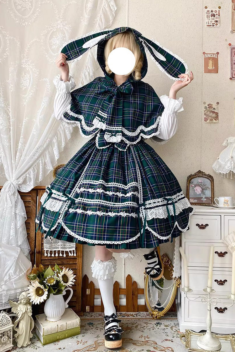 Green [Gingham Petal Bunny] Printed Ruffled Bow Sweet Lolita Jsk Dress - Product - 5
