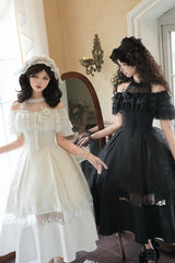 White [Flowers in the Mist] Off Shoulder Halterneck Print Ruffle Gothic Elegant Lolita Dress - Product - 5