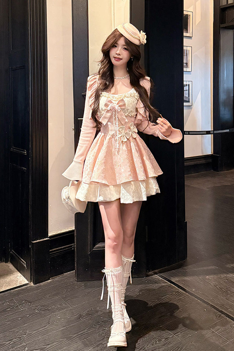 Pink [Honeyed Blossoms] Square Collar Long Sleeves Double-Layered Printed Ruffled Bow Sweet Lolita Dress and Cardigan Set - Product - 2