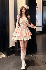 Pink [Honeyed Blossoms] Square Collar Long Sleeves Double-Layered Printed Ruffled Bow Sweet Lolita Dress and Cardigan Set - Product - 2