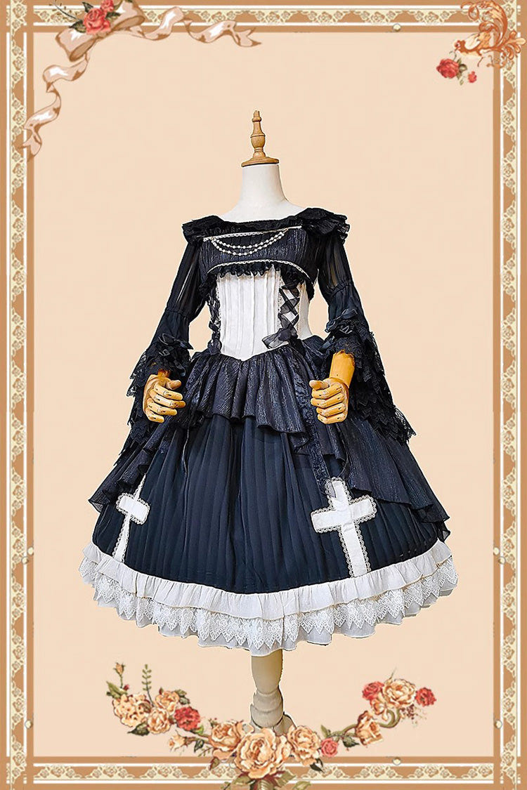 Black Eternal Life Song Print Cross Embroidery Sleeveless Ruffle Gothic Lolita Dress - Product - 6