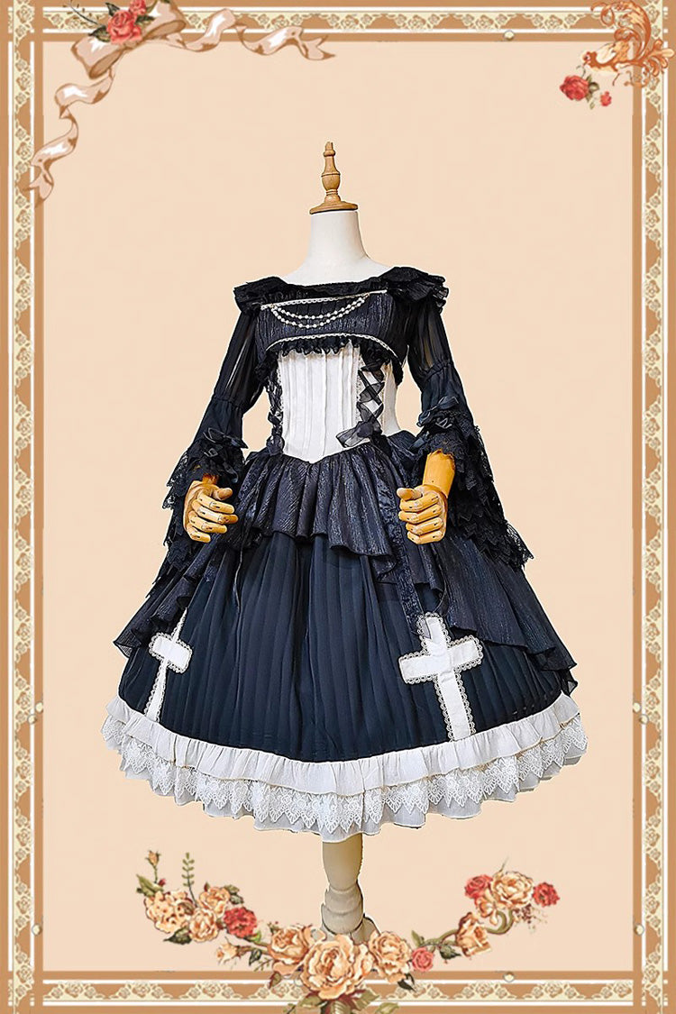 Black Eternal Life Song Print Cross Embroidery Sleeveless Ruffle Gothic Lolita Dress - Product - 6