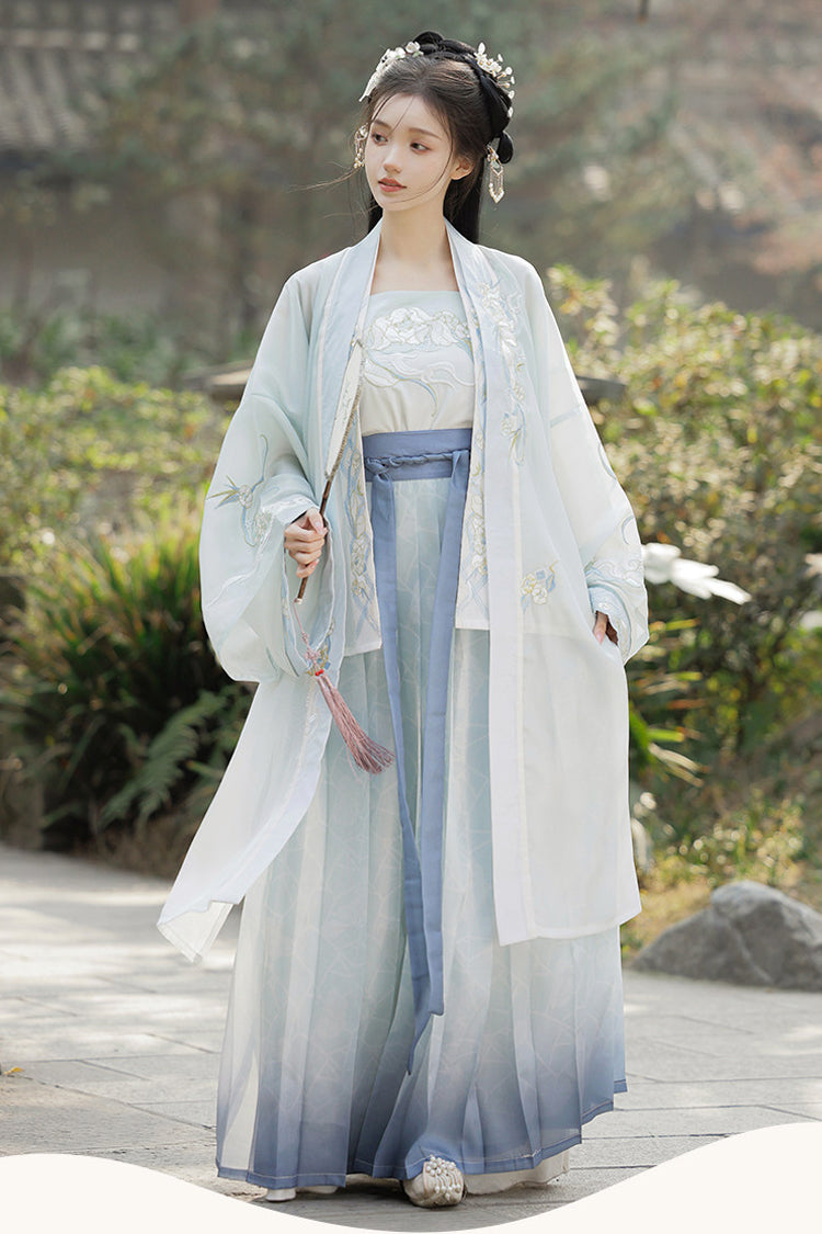 White/Blue [Auspicious Clouds] Long Sleeves High Waisted Ombre Embroidered Women's Classic Hanfu Dress Set - White/Blue - 1
