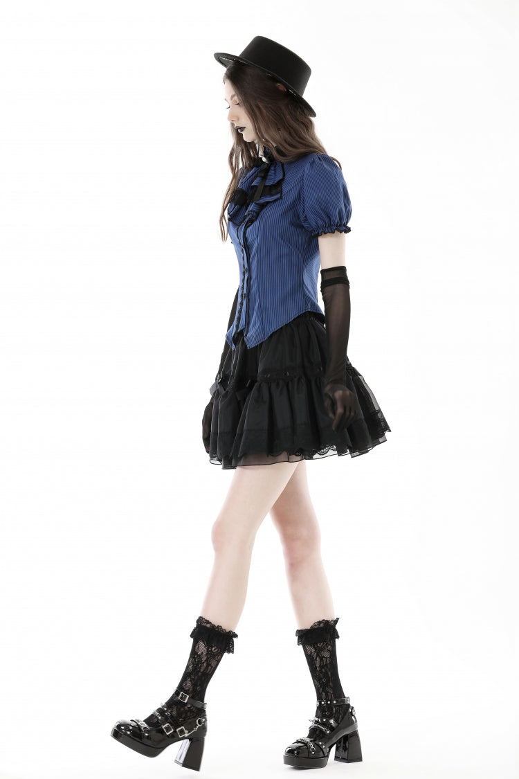Blue/Black Striped Bow Ruffled Stand Collar Lace Jabot Short Puff Sleeves Front Button‑Up Women's Gothic Blouse - Product - 11