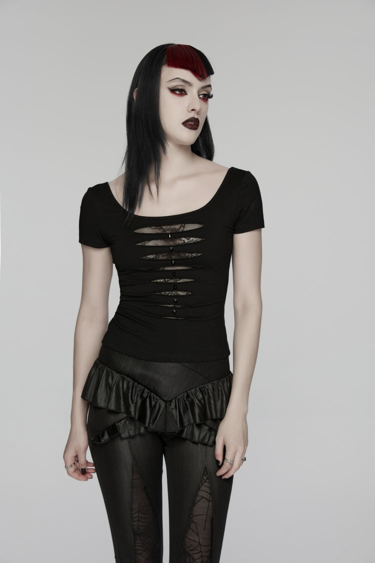 Black Round Collar Short Sleeves Slim Sheer Ripped Studded Women's Punk T-Shirt - Product - 7