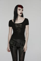 Black Round Collar Short Sleeves Slim Sheer Ripped Studded Women's Punk T-Shirt - Product - 7