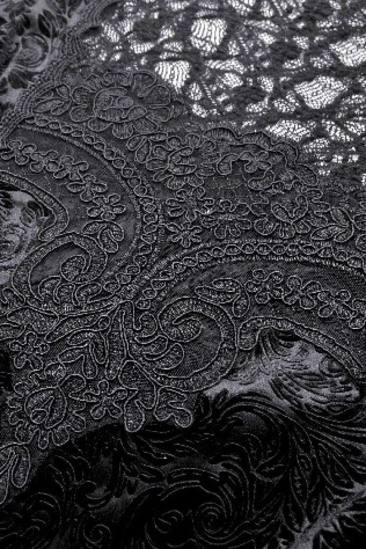 Black Ruffled Turtleneck Bishop Long Sleeves Floral Lace Patchwork Velvet Women's Gothic Blouse - Product - 13