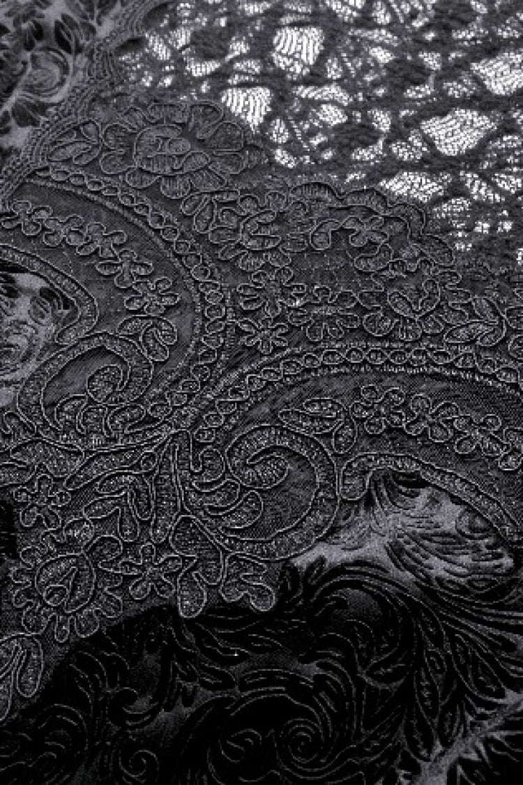Black Ruffled Turtleneck Bishop Long Sleeves Floral Lace Patchwork Velvet Women's Gothic Blouse - Product - 13
