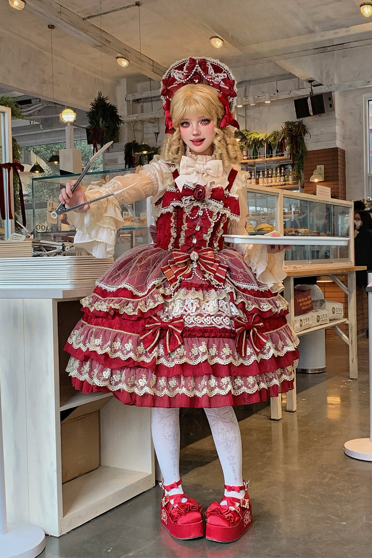 Red [Crown of Gems] Triple-Layered Ruffle Bowknot Lace Sweet Gorgeous Lolita Jsk Dress - Product - 7