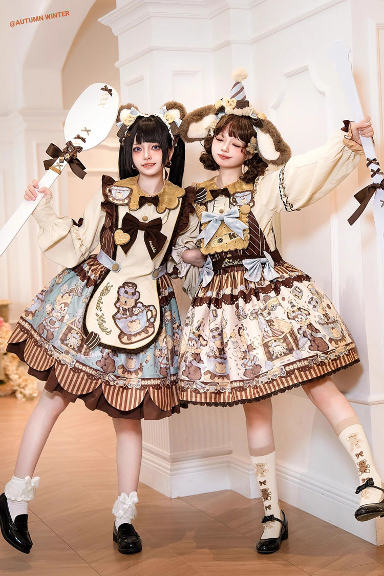 [Bear Cookie] Sleeveless Print Bowknot Sweet Lolita Jsk Dress Set 2 Colors - Product - 3